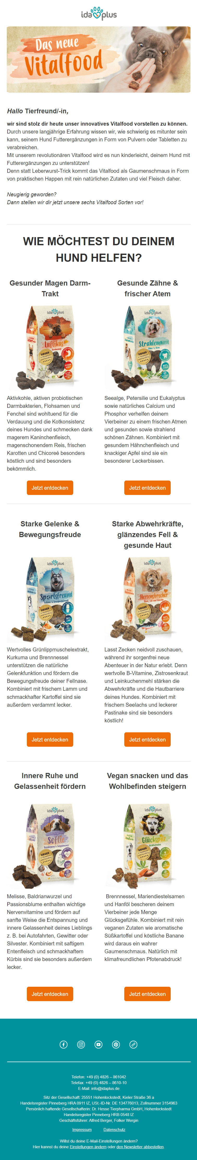 Flyer zu unseren sechs Vitalfood Sorten und dessen Eigenschaften.