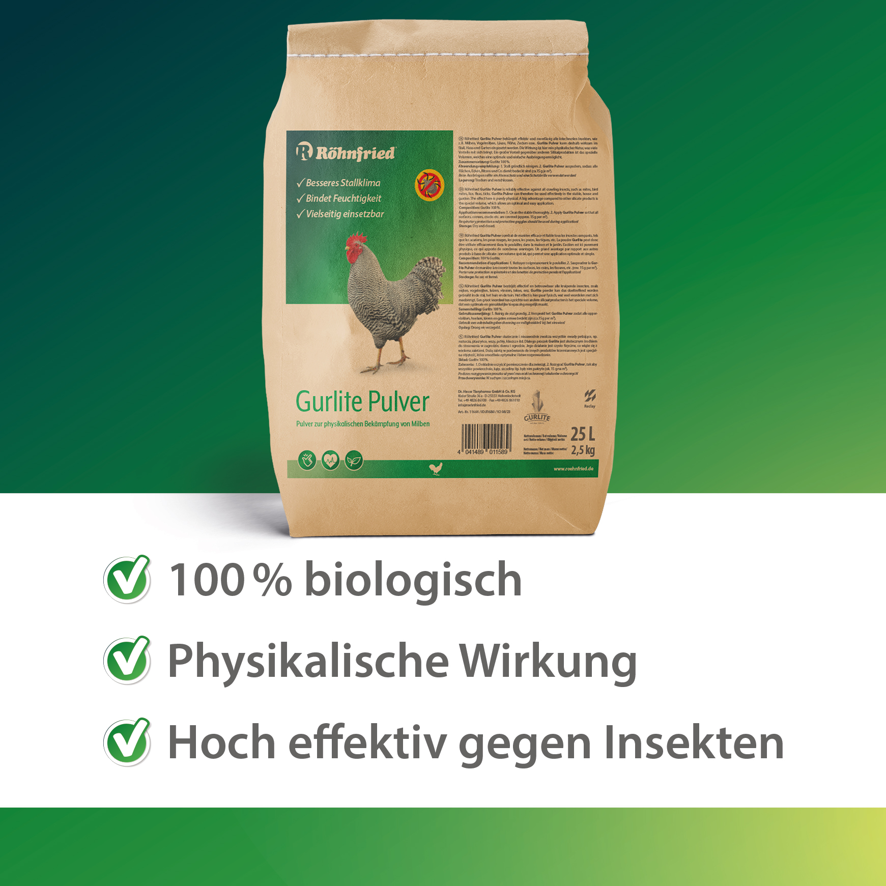 Gurlite® Pulver - 2,5 kg - Effektiver Schutz gegen rote Milbe, Vogelmilben, Läusen, Flöhe, Zecken & Parasiten