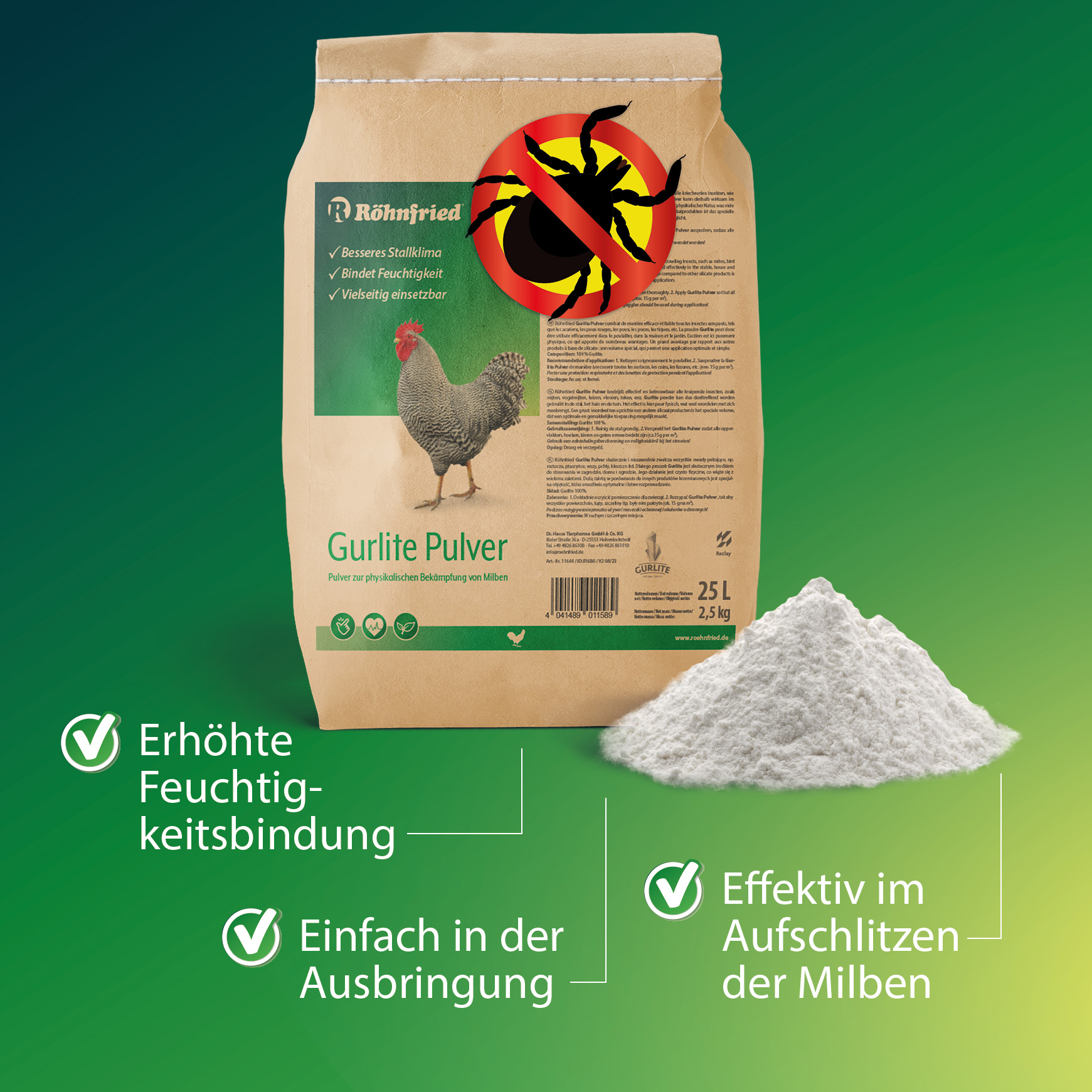 Gurlite® Pulver - 2,5 kg - Effektiver Schutz gegen rote Milbe, Vogelmilben, Läusen, Flöhe, Zecken & Parasiten