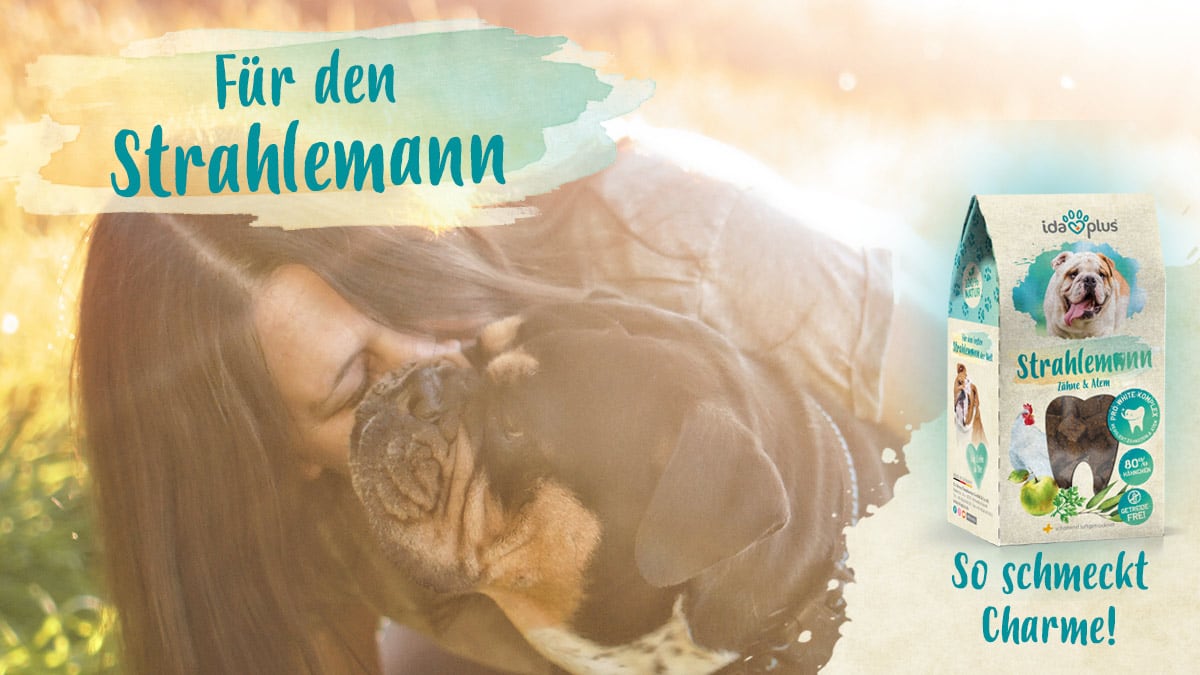 Für den Strahlemann Ein Hund wird von einer Frau umarmt. Daneben ist der Schriftzug: 'Für den Strahlemann' 'So schmeckt Charme!'