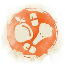 Multivitaminsaft Ein Symbol mit Abbildungen von einem Apfel, Brokkoli und zwei Tabletten.