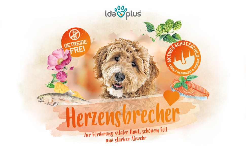 Herzensbrecher Ein Hund schaut mit Schrägen Kopf in die Kamera. Darunter steht: 'Herzensbrecher' 'Zur Förderung vitaler Haut, schönem Fell und starker Abwehr'