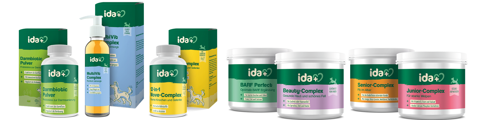Die ida+ Hundeprodukte in der Übersicht. Die Produkte sind Futterergänzungen für Hunde. Die Verpackungen sind in bunten Farben gestaltet.