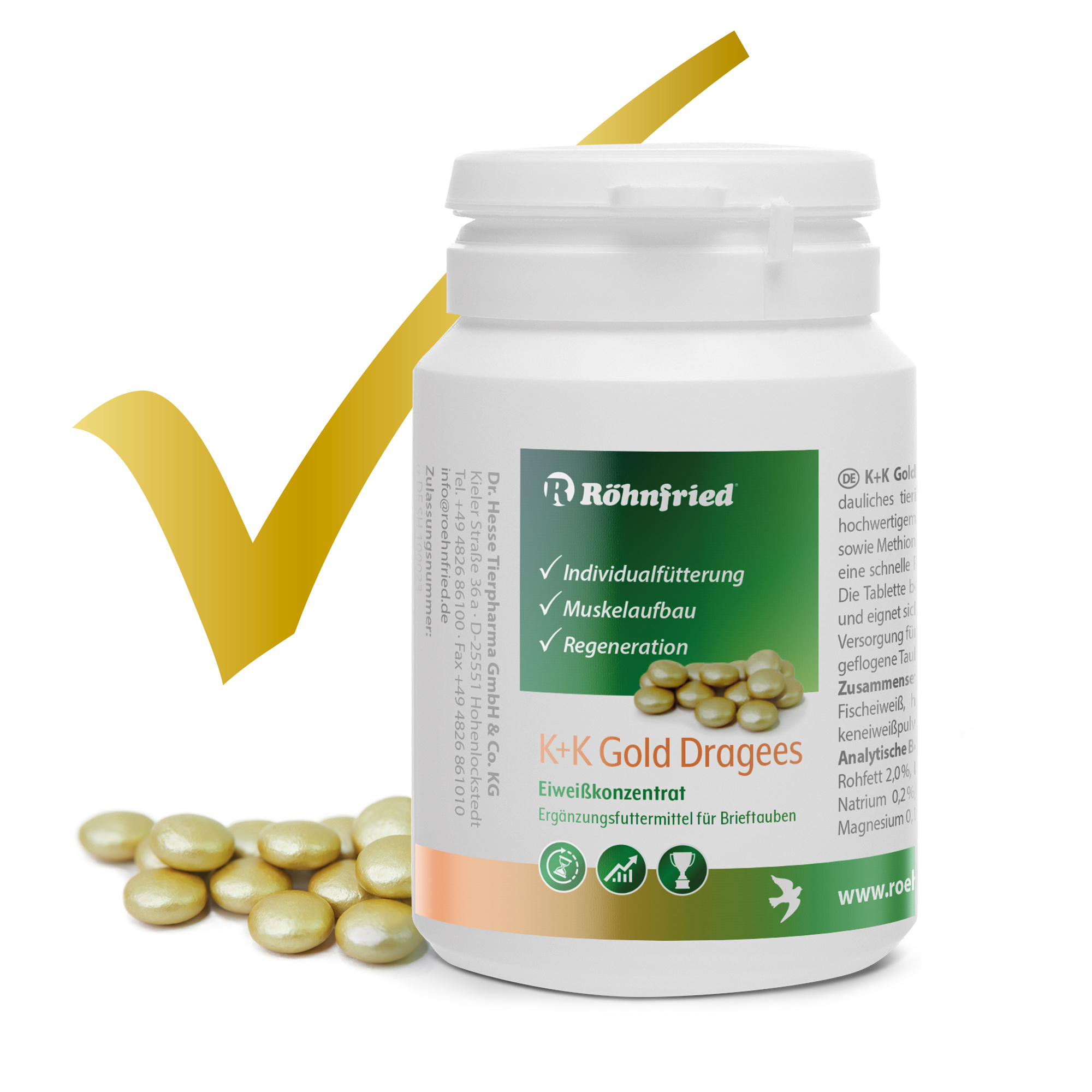 K+K Gold Dragees - 100 Grageas - Desarrollo muscular y regeneración de palomas mensajeras con metionina, lecitina y magnesio