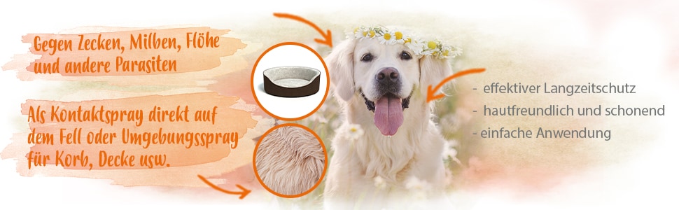 Zeckenfrei 200ml Eigenschaften Ein Hund, welcher in einem Feld steht. Daneben steht, dass das Produkt gegen Zecken, Milben, Flöhe und andere Parasiten ist. Dazu ist es schonend für die Haut, einfach anzuwenden und Langfristig effektiv.