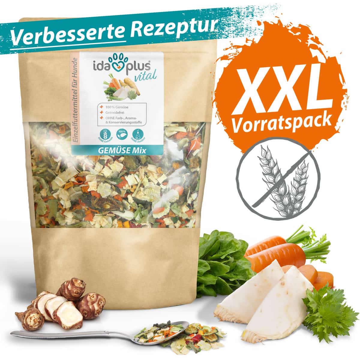 Gemüse Mix Das Foto eines Beutels des Gemüse Mixes. Um den Beutel herum lieben diverse verschiedene Gemüsesorten.