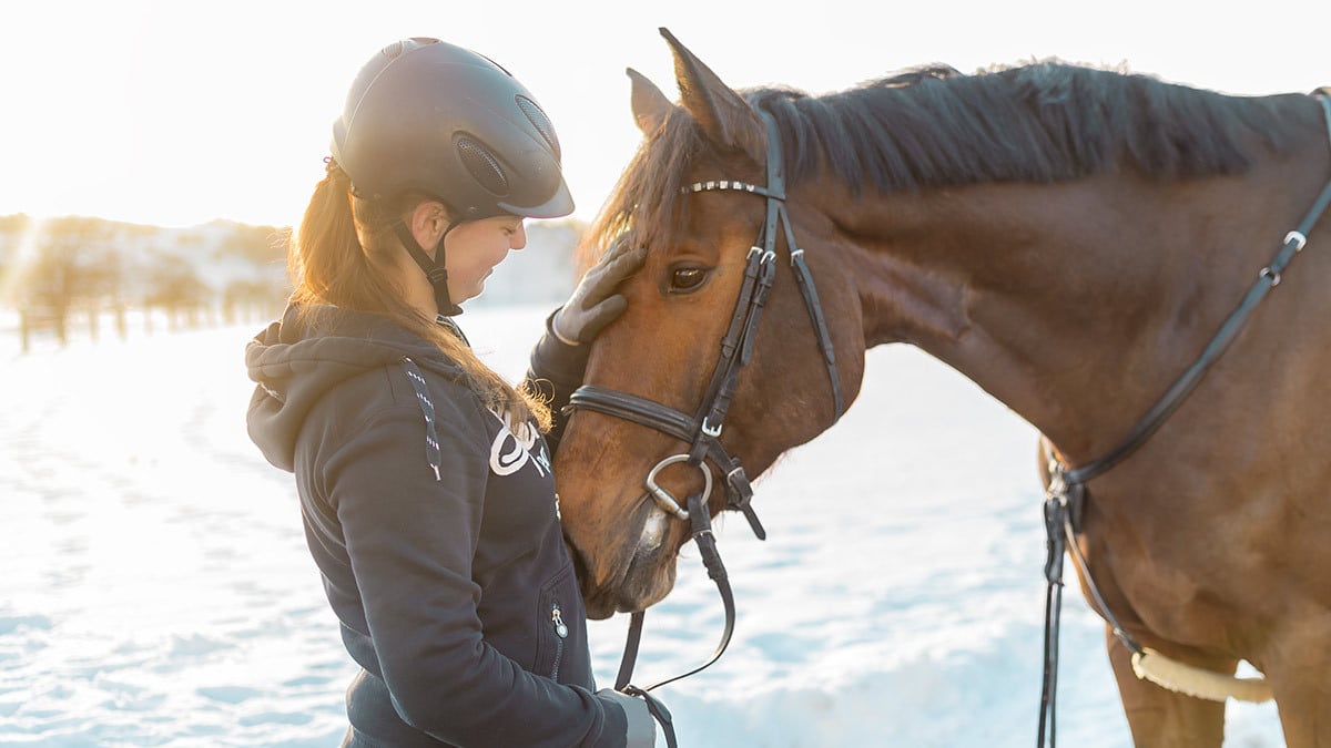 Pferd im Schnee Eine Frau mit ihrem Pferd im Schnee